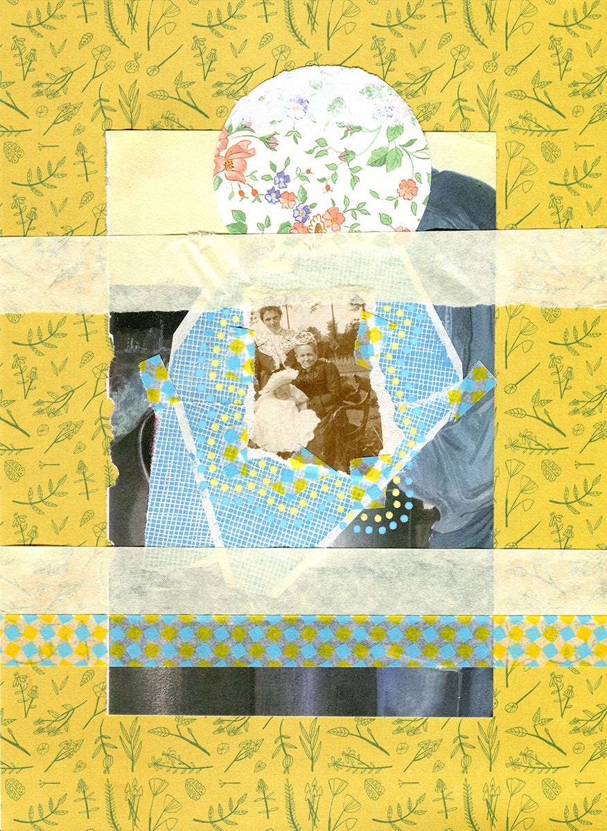 Floral Yellow Art Collage, Surreal Dada Mixed Media Art - Naomi Vona Art