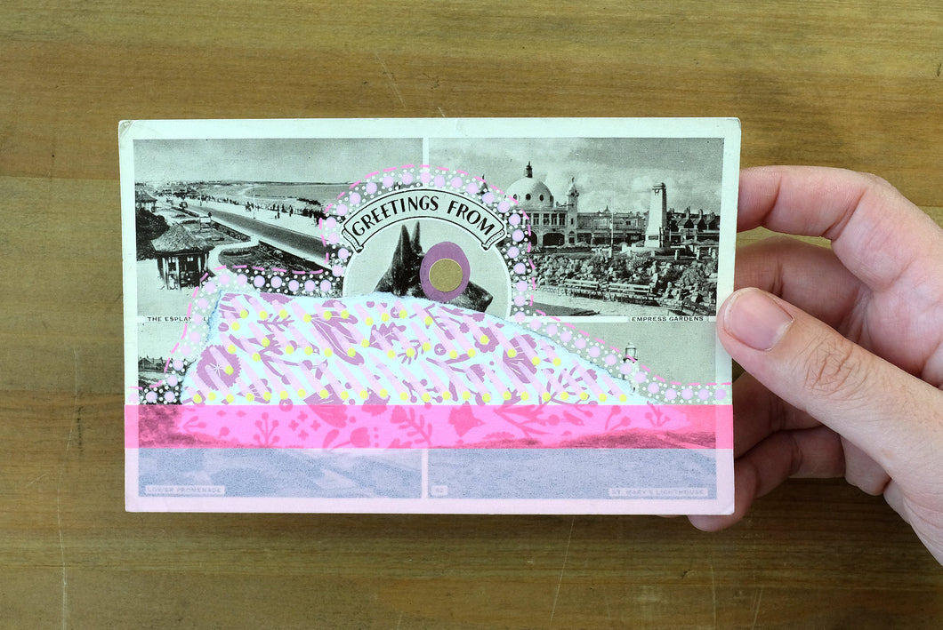 Fluorescent Pink Altered Art Of Vintage Landscape Postcard - Naomi Vona Art
