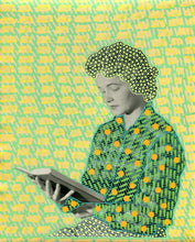 Load image into Gallery viewer, Woman reading, portrait with yellow and green colors on a vintage photo - Naomi Vona Art
