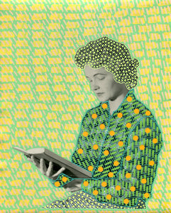 Woman reading, portrait with yellow and green colors on a vintage photo - Naomi Vona Art