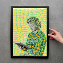 Load image into Gallery viewer, Woman reading, portrait with yellow and green colors on a vintage photo - Naomi Vona Art
